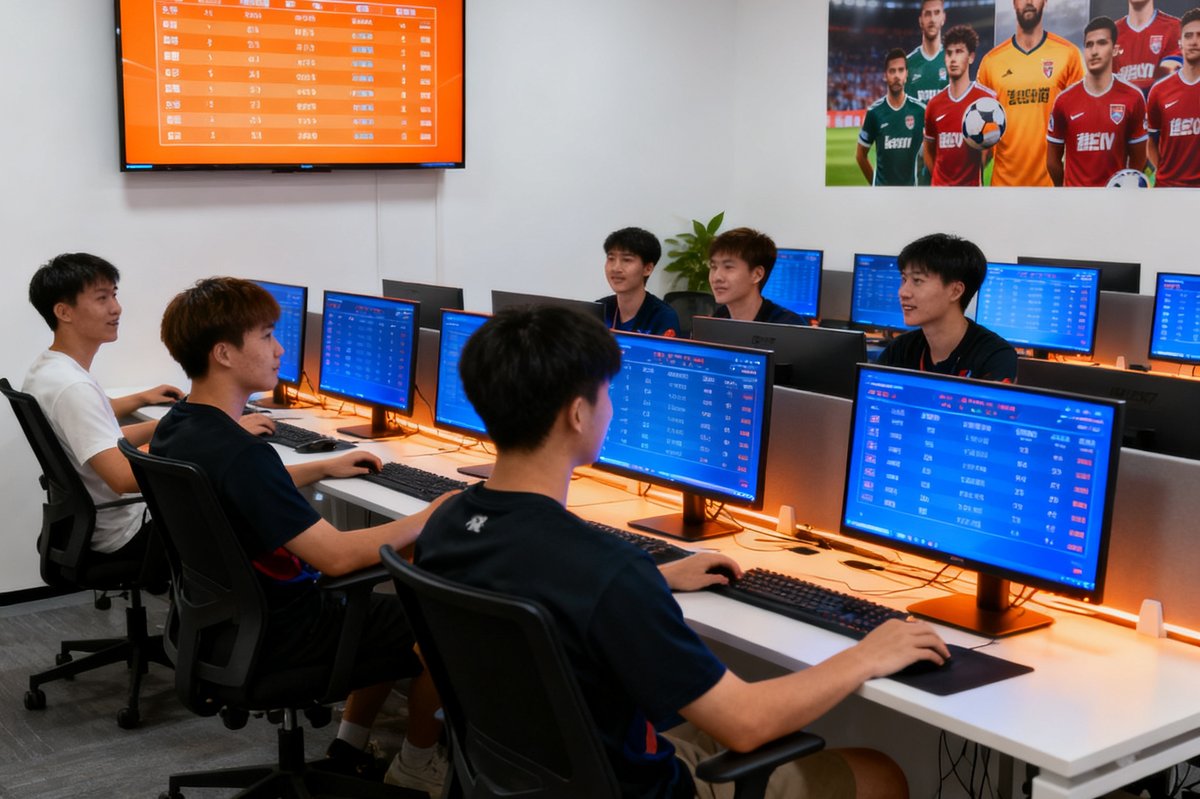 看球网深圳办公室内，年轻团队正在电脑前分析实时比赛数据，墙上有大屏显示积分榜